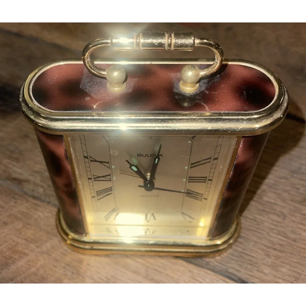 Vintage Bulova Brass Accented Quartz Travel Alarm Clock Tested & Working